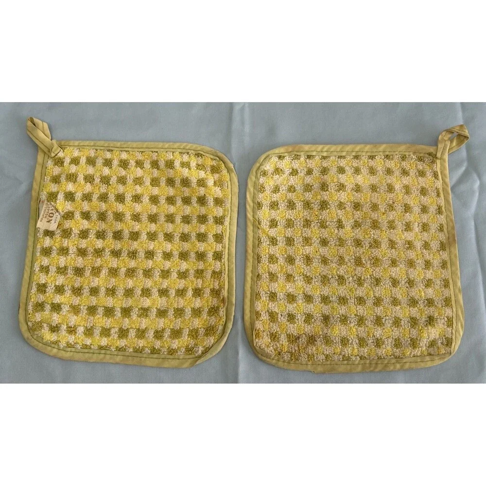Vintage Cannon USA Cotton Terry Potholders Mustard Checkered 1970’s Distressed
